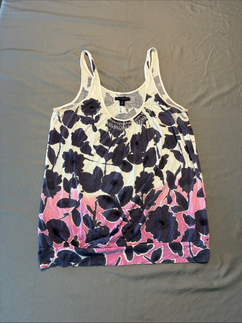 American Eagle Outfitters Navy Floral Ombre Tank with Pink Accent